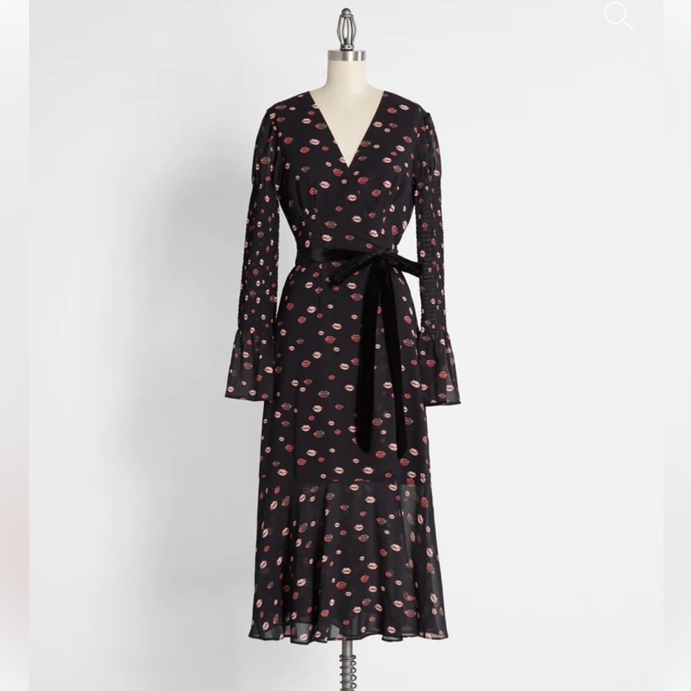 HUTCH x Anthro Truth From My Red Lips Wrap Long Sleeve Midi Dress Large NWT